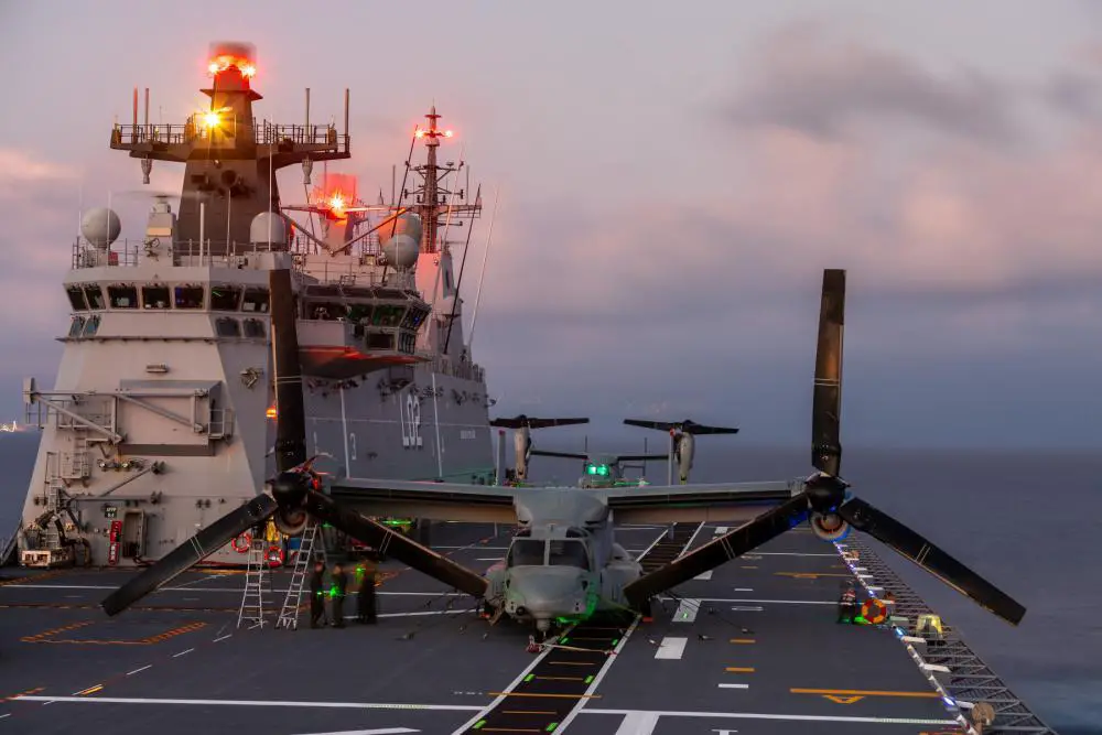  Routine maintenance is conducted on U.S. Marine Corps MV-22B Osprey aboard Royal Australian Navy Canberra-class landing helicopter dock HMAS Canberra (L02) during Rim of the Pacific (RIMPAC) 2022. 