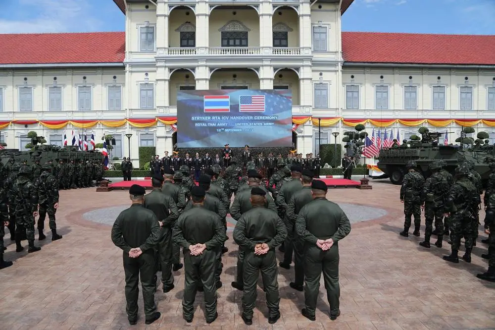 Gen. Robert B. Brown, U.S. Army Pacific commanding general and Gen. Apirat Kongsompong, Royal Thai Army commander-in-chief, address RTA soldiers and senior leaders during a Stryker handover ceremony Sept. 12, 2019 in Bangkok, Thailand.