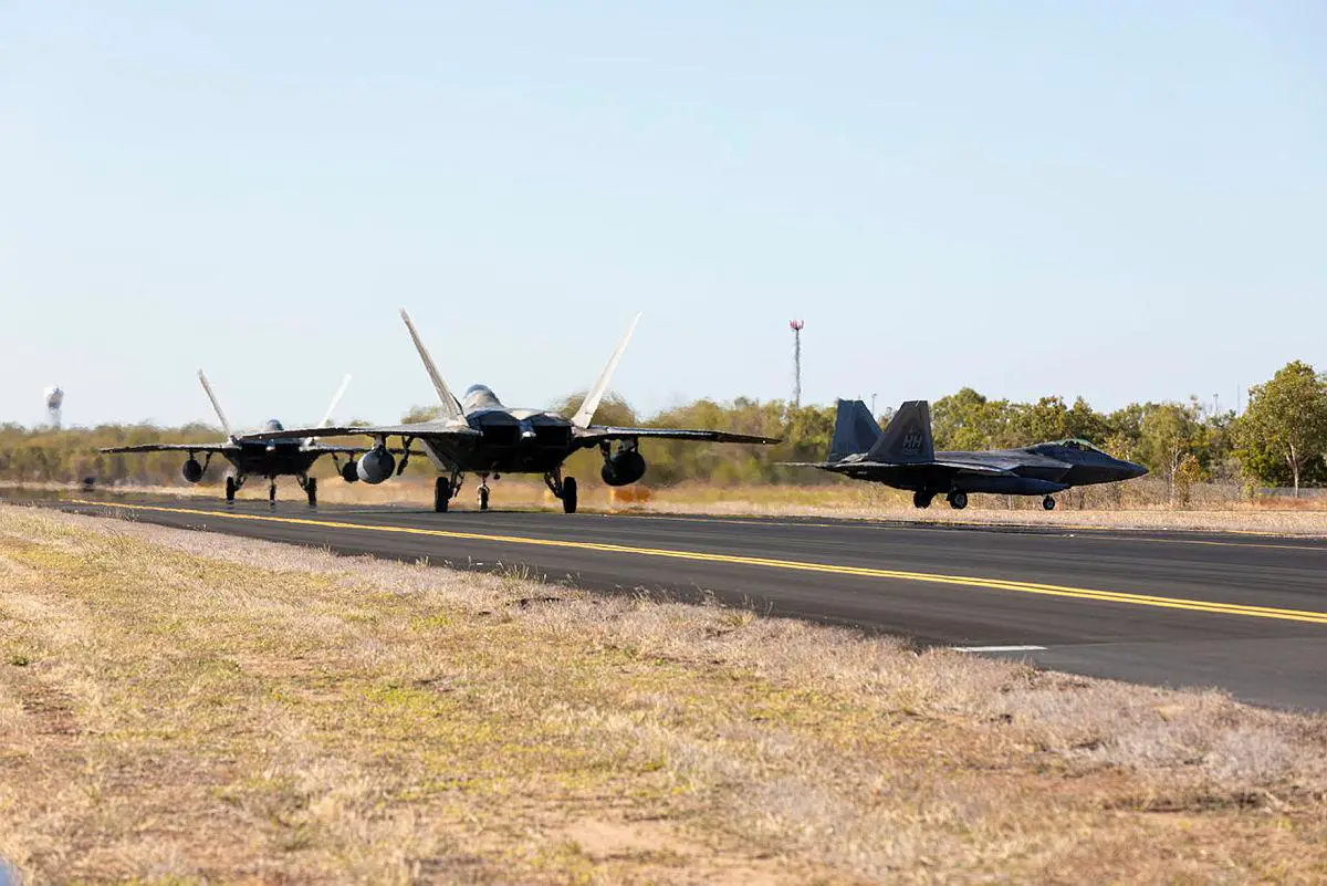 Three United States Air Force F-22 Raptors arrive at RAAF Base Tindal in the Northern Territory as part of an activity supporting the Enhanced Air Cooperation Initiative under the Force Posture Agreement between the United States and Australia.