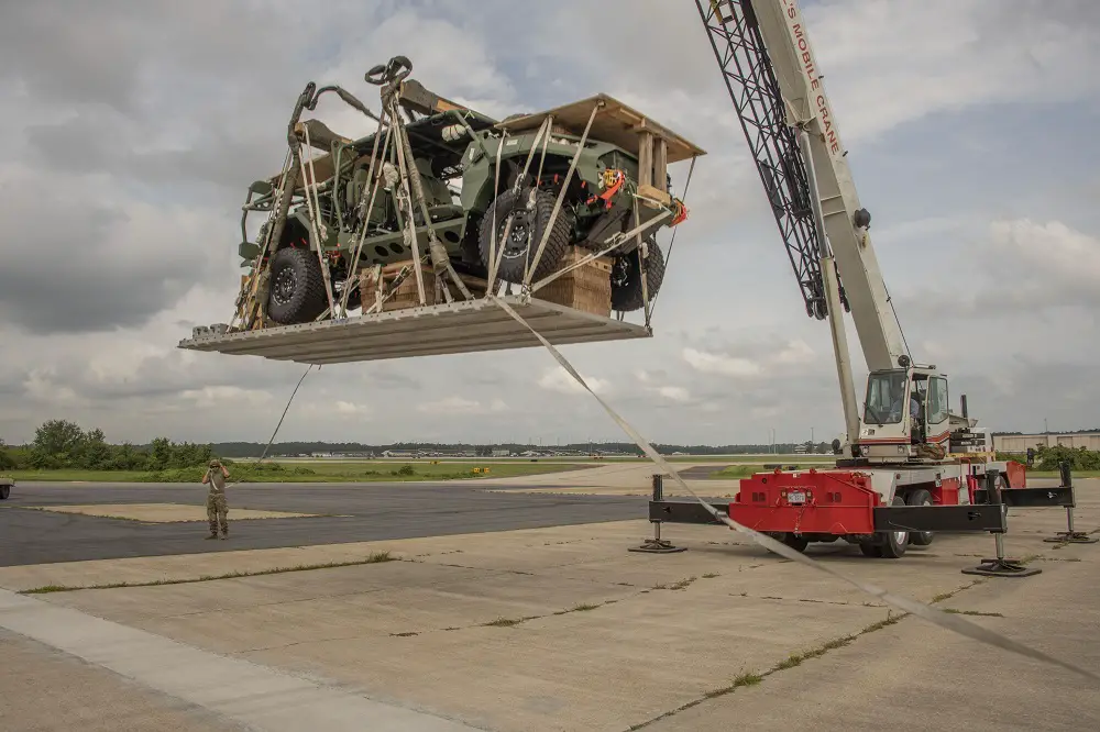 The Airborne and Special Operations Test Directorate conducts a Simulated Airdrop Impact Test on an Infantry Squad Vehicle rigged on a Dual Row Airdrop System platform