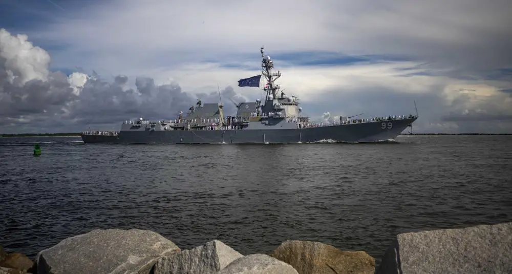  The Arleigh Burke-class guided missile destroyer USS Farragut (DDG 99), assigned to the George H.W. Bush Carrier Strike Group, departed Naval Station Mayport on a scheduled deployment, Aug 6, 2022 in support of naval operations to maintain maritime stability and security in order to ensure access, deter aggression and defend U.S., allied and partner interests. 