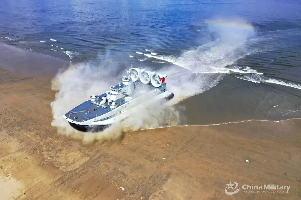 An air-cushioned landing craft attached to a naval landing ship flotilla under the PLA Southern Theater Command arrives on shore during a beach landing training exercise in mid-August, 2022. 