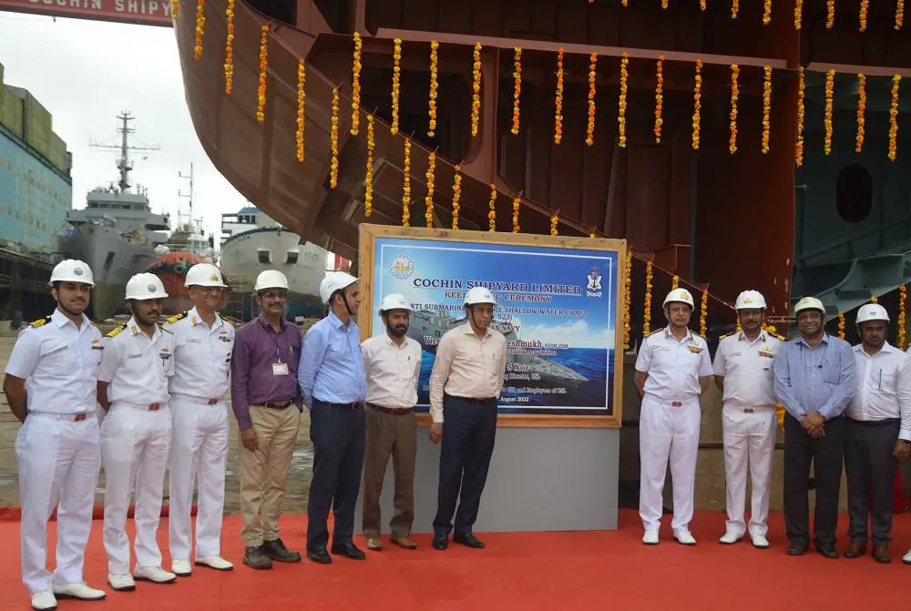 Keel laid for the Indian Navy’s first of eight ASW shallow watercraft to be constructed by CSL, India. Credit: Government of India/Ministry of Defence/Press Information Bureau.