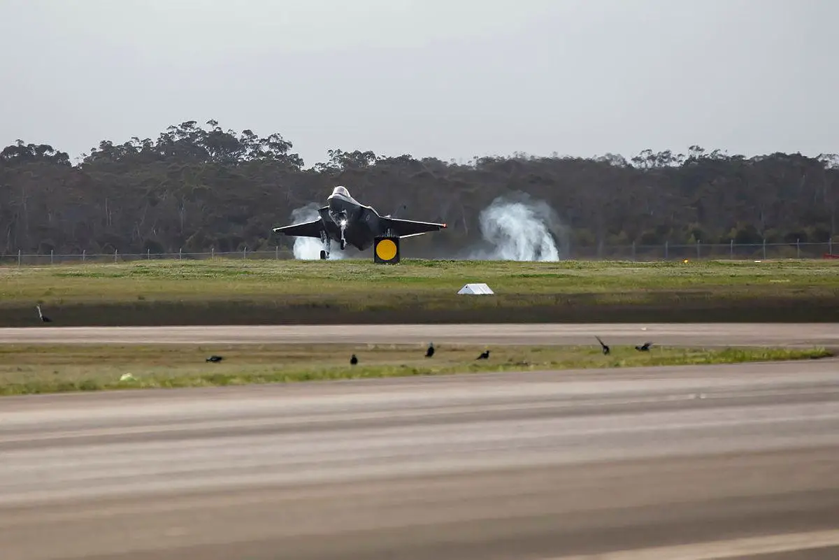 One of Australia's newest F-35A Lightning II aircraft lands at RAAF Base Williamtown in New South Wales, at the end of its journey during exercise Lightning Ferry 22-3.