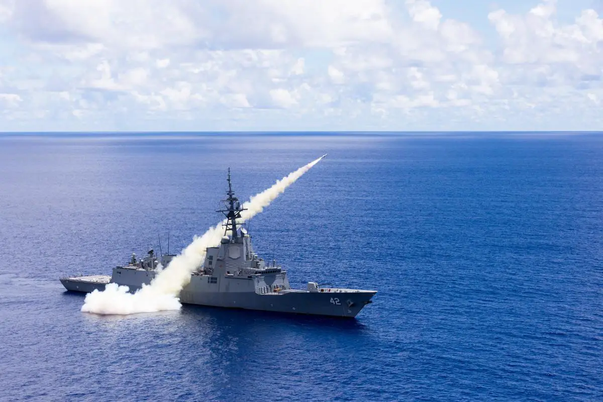 Royal Australian Navy HMAS Sydney Strikes Land Target with Harpoon Missile During Pacific Vanguard