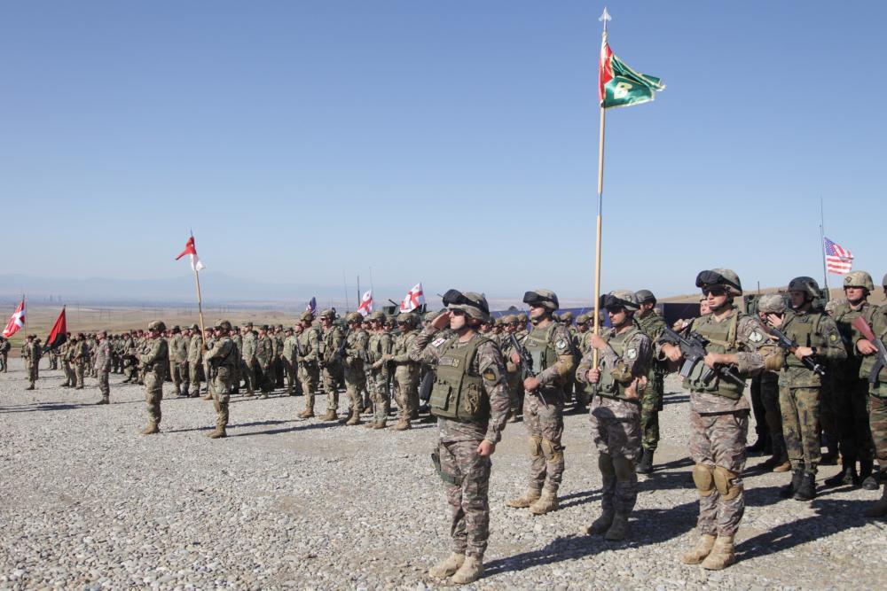 Participating countries supporting Noble Parter 22 stand in formation during closing ceremonies of Noble Partner 22 at the 11th polygon of Vaziani, Georgia, Sept. 9, 2022. 