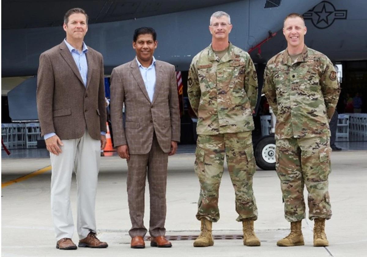 From left to right, Doug Stroud, Boeing F-15 EPAWSS Program Manager, Pratyush “Prat” Kumar, Boeing Vice President and Program Manager of F-15 Programs, Col. Jesse Warren, F-15 System Program Manager, and Lt. Col. Dan Carroll, F-15 EPAWSS Program Manager, stand in front of the second F-15E Strike Eagle starting the extensive EPAWSS upgrade at the Boeing San Antonio Modification Facility. 