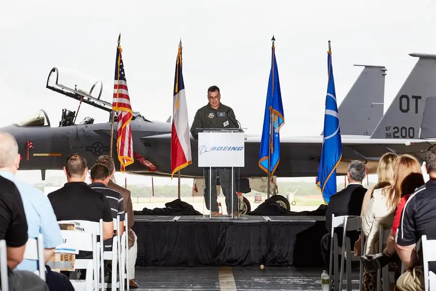 Col. Matthew “Pauly” Schorr addresses the USAF, Boeing, and BAE Systems team on July 21, 2022 at the Boeing San Antonio Modification Facility adjacent to Joint Base San Antonio. 