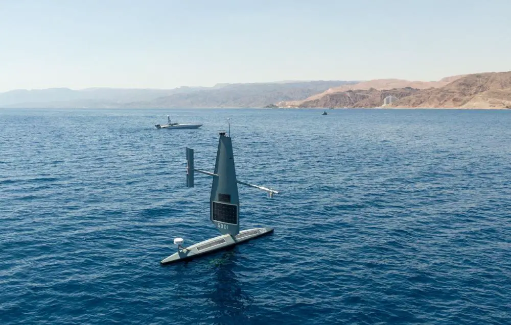 Two unmanned surface vessels, a Saildrone Explorer and Devil Ray T-38 operate in the Gulf of Aqaba, during exercise Digital Shield, Sept. 21.