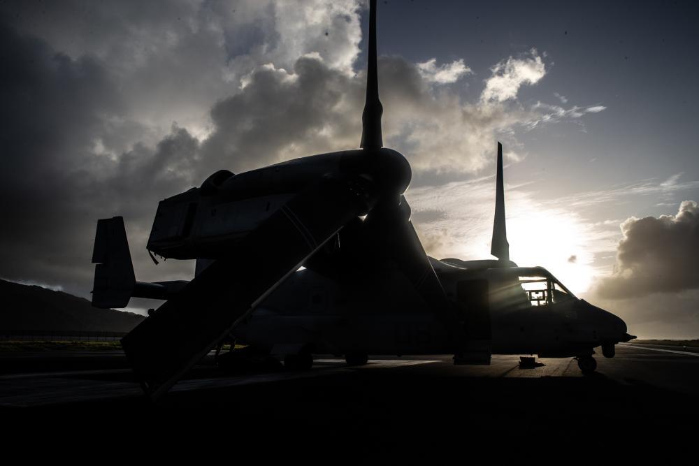 A U.S. Marine Corps MV-22 Osprey from Marine Medium Tiltrotor Squadron 268 Reinforced, Aviation Combat Element, Marine Rotational Force-Darwin 22, is staged prior to flight during a Transpacific (TRANSPAC) flight in American Samoa, Sept. 16, 2022. 