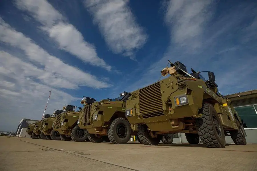 Australian Government-donated Bushmaster protected mobility vehicles bound for Ukraine at RAAF Base Amberley, Queensland, in April. 