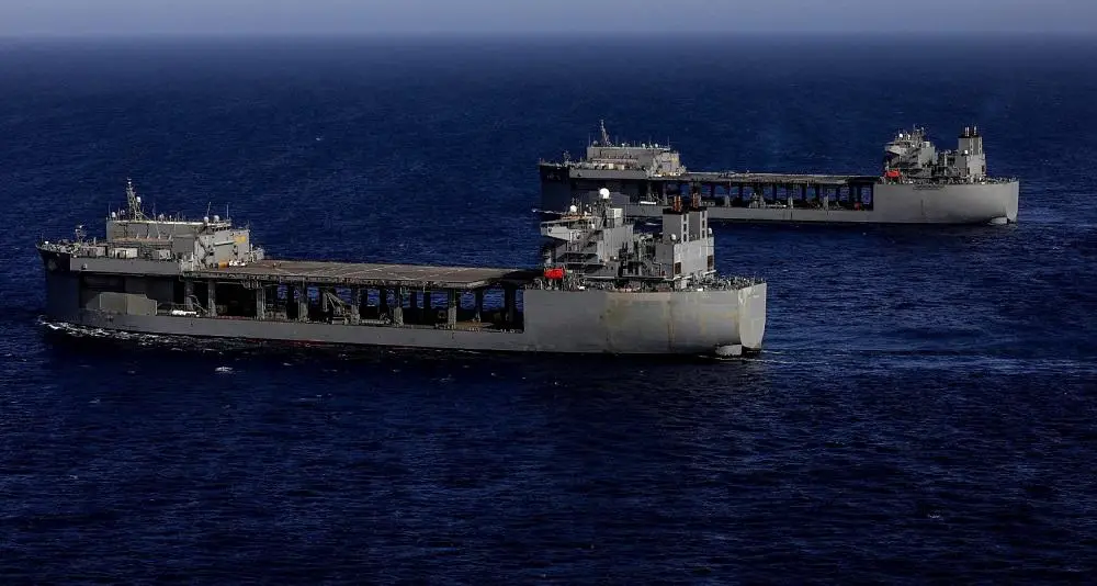 Expeditionary Sea Base ships USS Hershel “Woody” Williams (ESB 4) and USS Lewis B. Puller (ESB 3) sail together in the Gulf of Aden in July 2022.