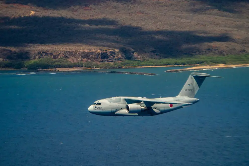 A Kawasaki C-2 from the 403rd Tactical Airlift Squadron flies in a formation during a bilateral training exercise with the 535th Airlift Squadron around the Hawaiian Islands, Sept. 27, 2022. 