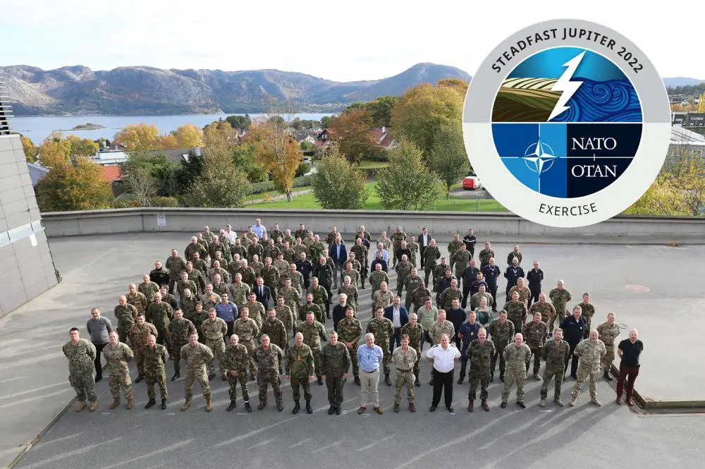 Key leaders from among the 700 NATO service members and civilian employees pose for a photo at the end of Exercise Steadfast Jupiter 2022 at the Joint Warfare Centre in Stavanger, Norway. Steadfast Jupiter is a strategic, operational and tactical level computer-assisted, command post exercise that’s used to train and validate the NATO Response Force.