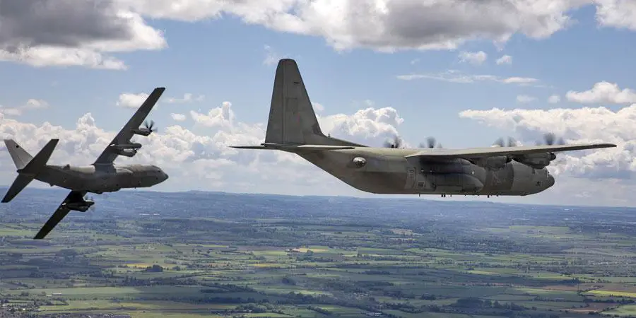 Two Lockheed Martin C-130J Super Hercules from Royal Air Force 47 Squadron (Photo by SAC Connor Tierney/Crown Copyright )