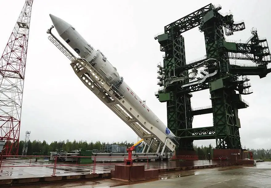 Angara 1.2 rocket being raised vertical at Site 35/1 at the Plesetsk Cosmodrome before a previous launch. (Photo by International Launch Services)