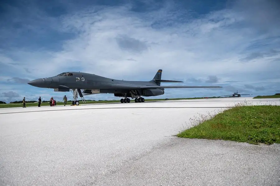A U.S. Air Force B-1B Lancer assigned to the 37th Expeditionary Bomb Squadron, Ellsworth Air Force Base, South Dakota, lands at Andersen Air Force Base, Guam, in support of a Bomber Task Force mission, Oct. 18, 2022. 