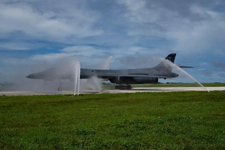 A U.S. Air Force B-1B Lancer, assigned to the 37th Expeditionary Bomb Squadron, Ellsworth Air Force Base, South Dakota, taxis through a clean water wash station at Andersen Air Force Base, Guam, after arriving for a Bomber Task Force mission, Oct. 18, 2022. 
