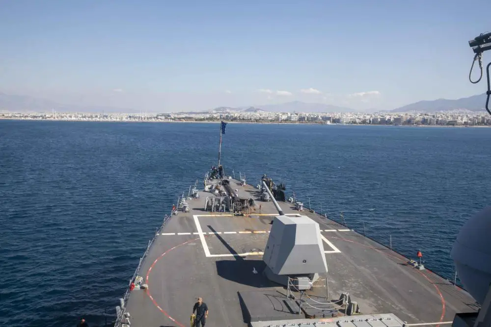 The Arleigh Burke-class guided-missile destroyer USS Farragut (DDG 99) anchors in Piraeus, Greece for a scheduled port visit, Oct. 10, 2022.