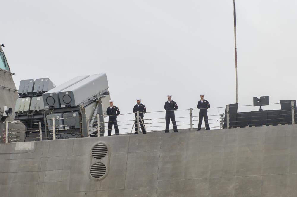  Independence-variant littoral combat ship USS Jackson (LCS 6) Gold crew Sailors man the rails as the ship returns to its homeport of Naval Base San Diego.