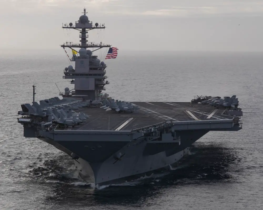The first-in-class aircraft carrier USS Gerald R. Ford (CVN 78) steams in the Atlantic Ocean