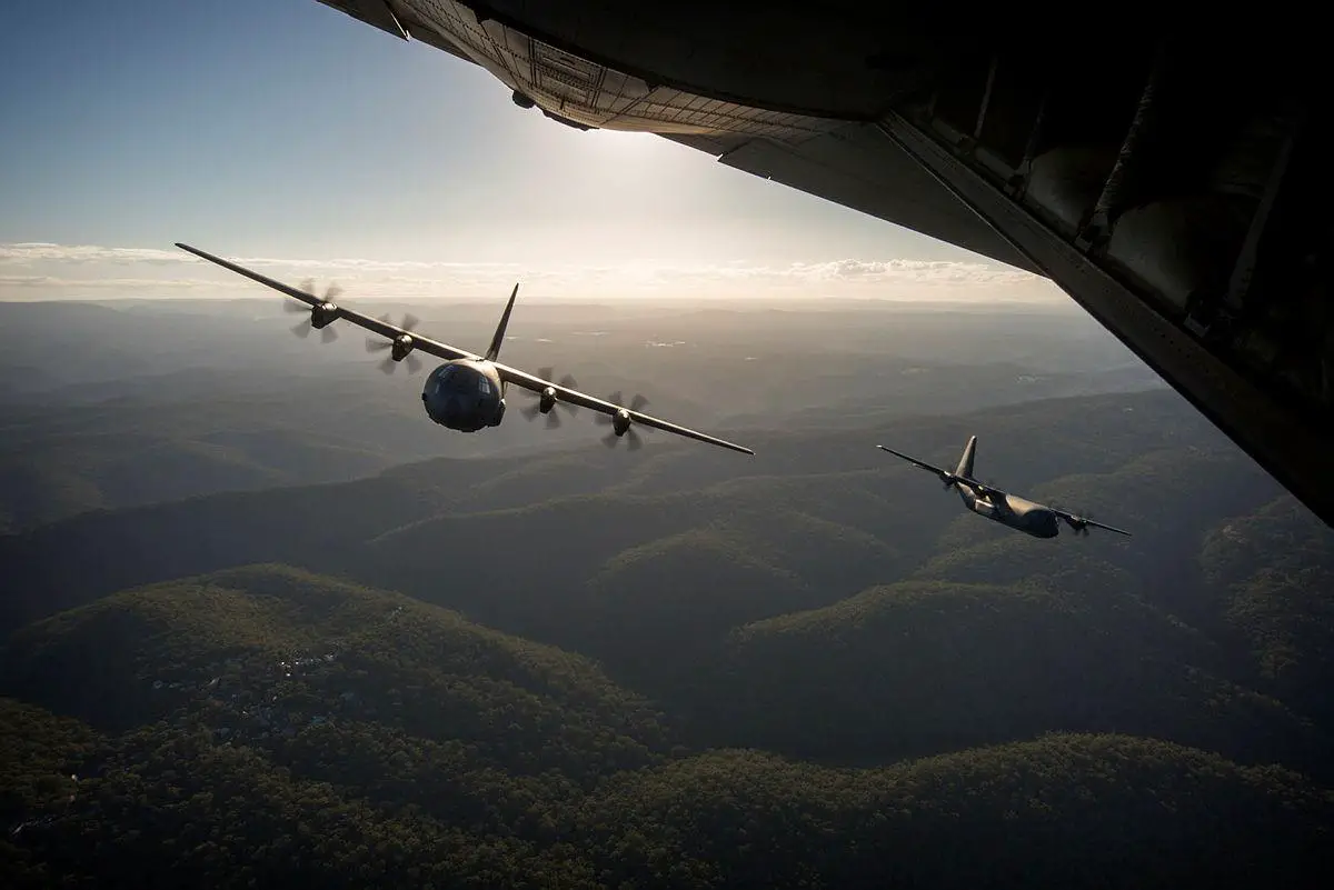 Royal Australian Air Force  C-130J-30 Super Hercules aircraft from No. 37 Squadron conduct formation flying training in the lead up to the 75th Anniversary of the establishment of the Squadron.
