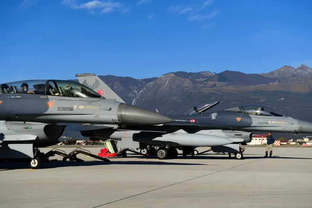 F-16 Fighting Falcons assigned to the Turkish Air Force prepare for take-off during Exercise Poggio Dart at Aviano Air Base, Italy, Nov. 8, 2022. 