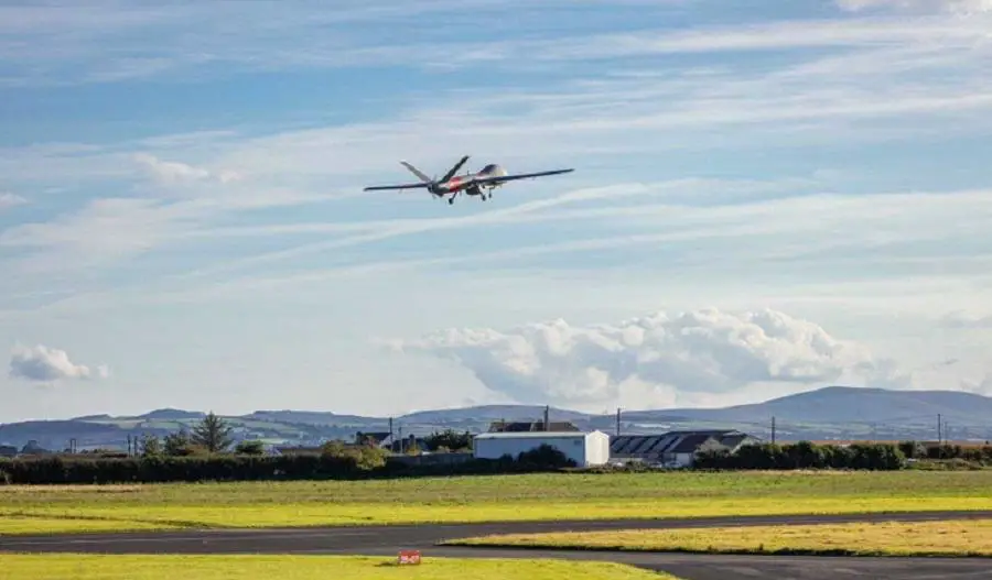 Elbit Hermes 900 medium-size, multi-payload, medium-altitude long-endurance unmanned aerial vehicle at Aberporth, United Kingdom.