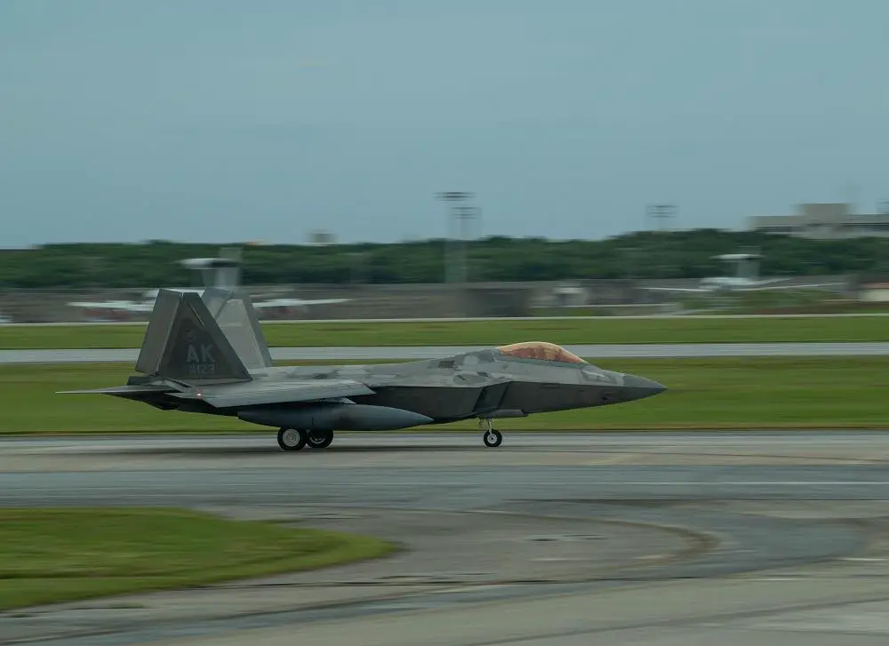 A U.S. Air Force F-22A Raptor assigned to the 3rd Wing, lands at Kadena Air Base, Japan, Nov. 4, 2022, as part of a temporary deployment. For decades, Kadena Air Base has served as the keystone of the Pacific. The base's strategic position makes it a vital staging location for forces to deter regional adversaries and project U.S. airpower throughout the Indo-Pacific. (U.S. Air Force photo by Airman 1st Class Alexis Redin)

