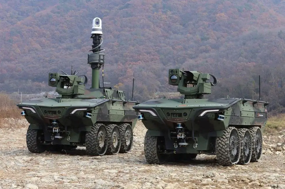 Hanwha’s Arion-SMET 6×6 multipurpose unmanned ground vehicle (UGV). (Photo by Hanwha Aerospace)
