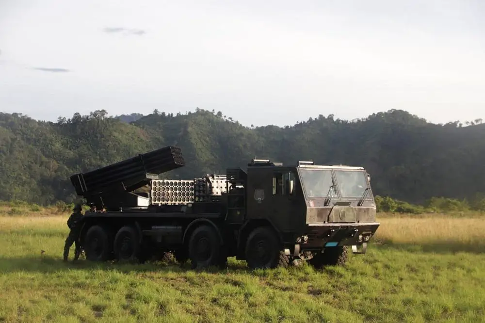 The Indonesian Marines calibrates the launcher of the RM-70 Vampire self-propelled multiple rocket launcher.