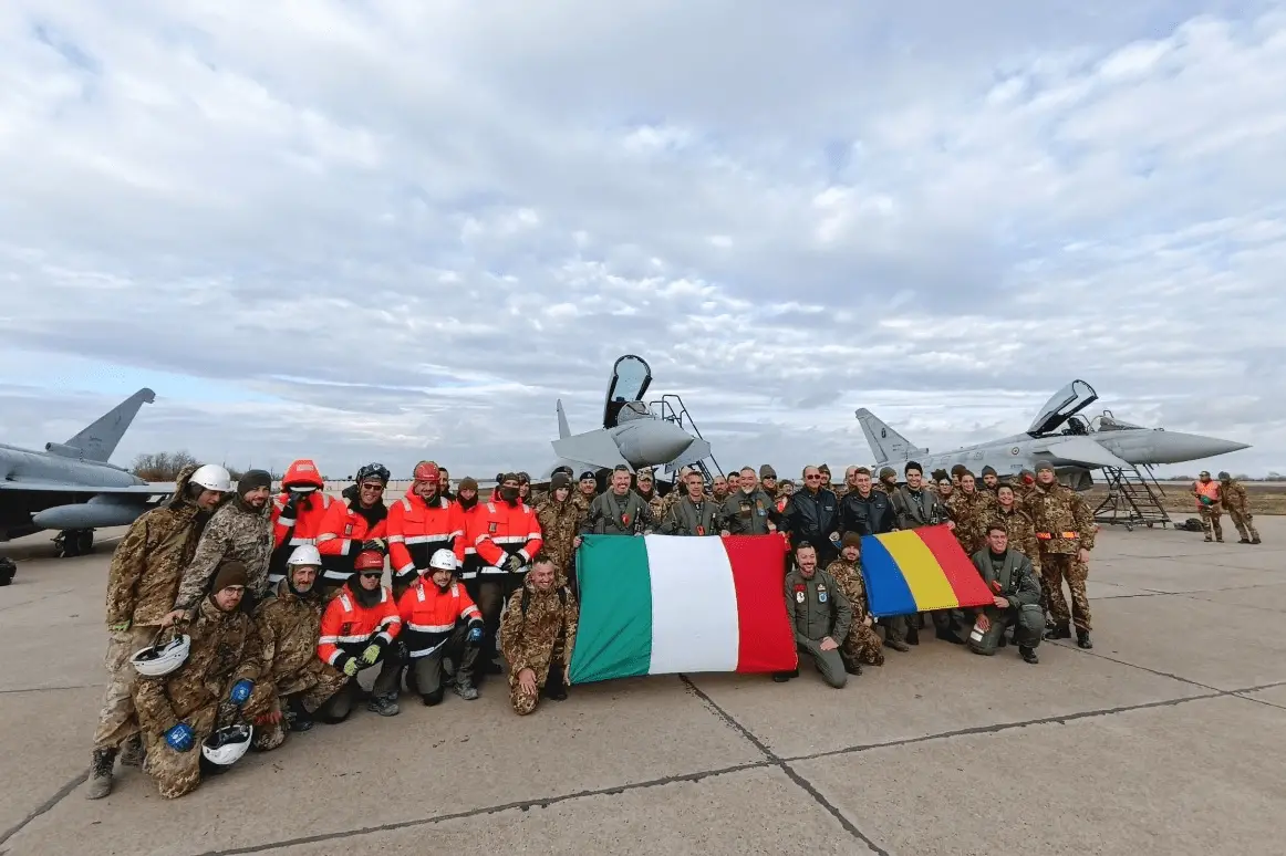 Allied solidarity in action - the Romanian host team and the Italian Eurofighter teams pose for a group photo at Mihail Kogalniceanu, Romania. Photo by Italian Air Force