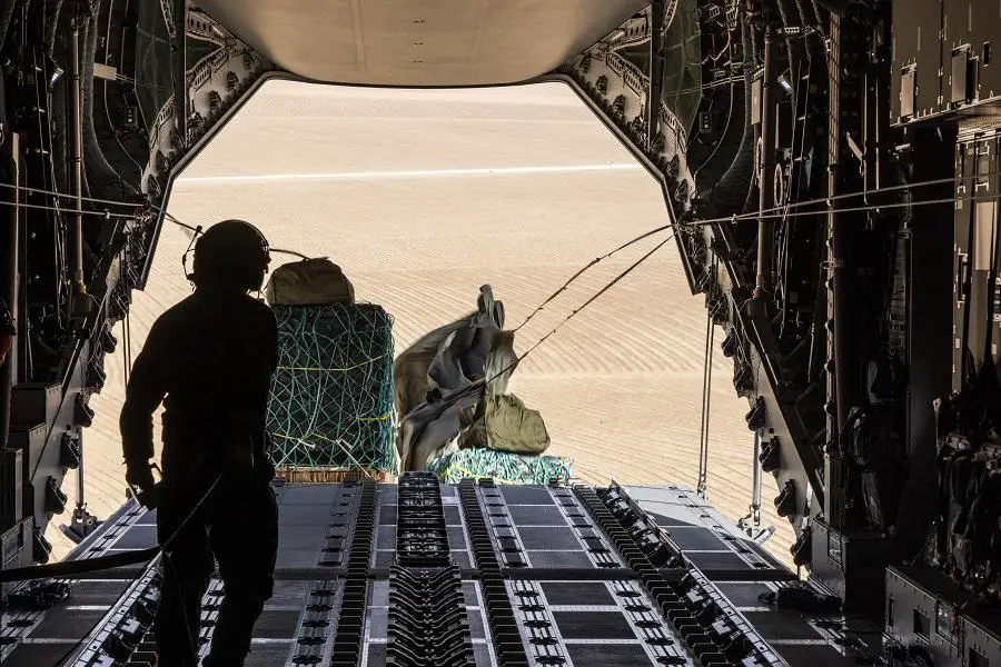 A Royal Air Force 70 Sqn A400M transport aircraft and 47 Air Dispatch Squadron RLC based out of RAF Brize Norton, have built and deployed parachute delivered supplies to Ex JEBEL SAHARA in Morocco.