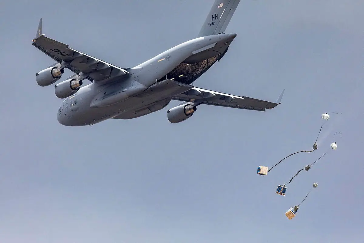 A United States Air Force C-17A Globemaster drops cargo over Londonderry drop zone near RAAF Base Richmond during Exercise Global Dexterity.