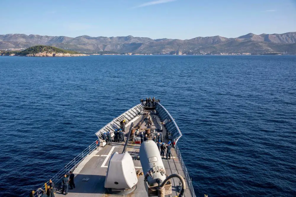 The Ticonderoga-class guided-missile cruiser USS Leyte Gulf (CG 55) arrives in Dubrovnik, Croatia, for a scheduled port visit, Oct. 31, 2022.