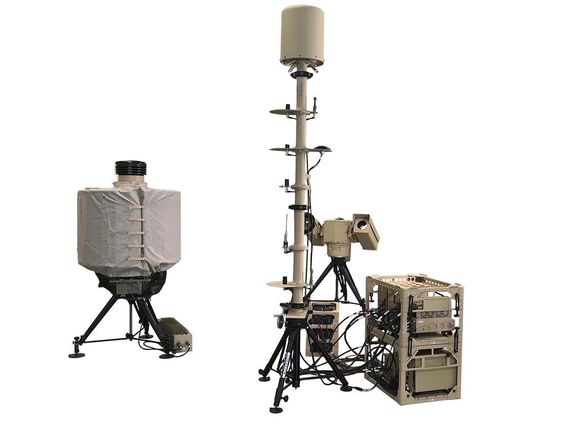 SRC Technology’s AN/TPQ-50 air surveillance radar, counter-sUAS EW system and electro-optic / infrared camera. 