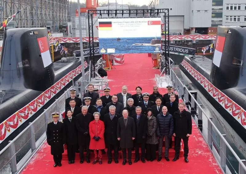 Prime Minister (PM) Lee Hsien Loong officiated the launch ceremony of the Republic of Singapore Navy (RSN)’s second and third Invincible-class submarines, Impeccable and Illustrious, at thyssenkrupp Marine Systems (tkMS) shipyard in Kiel, Germany on 13 December 2022. Center first row, in order (left to right): Minister for Defence Dr Ng Eng Hen, Mrs Lee, PM Lee, Chancellor Scholz, Minister for Foreign Affairs Dr Vivian Balakrishnan. (Photo by MINDEF Singapore)