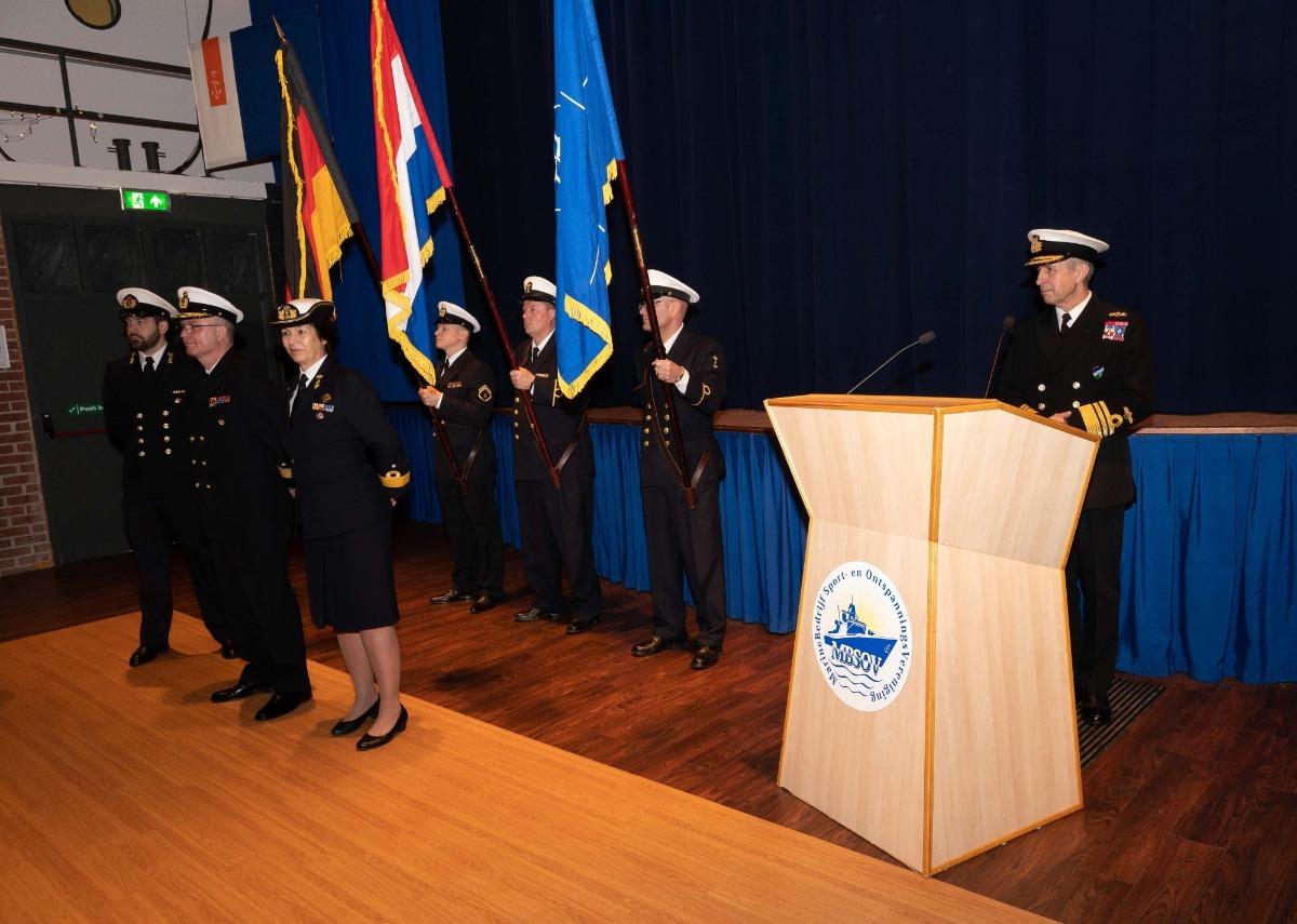 RNLN commander Jeanette Morang handed over the SNMG1 banner to German Navy rear admiral Thorsten Marx during the ceremony.