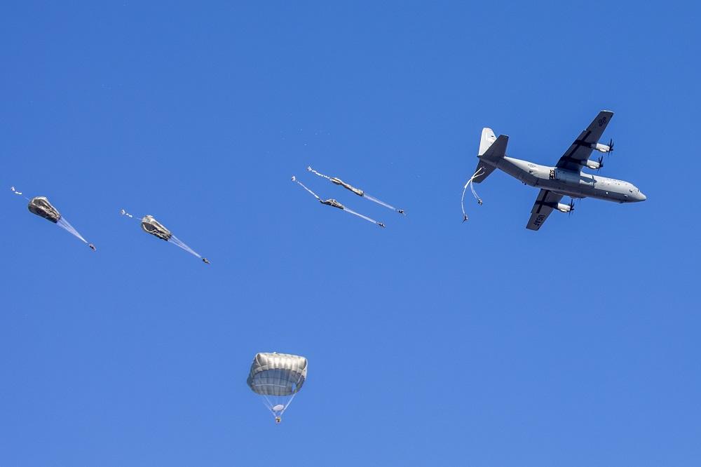 U.S. Army paratroopers from the 11th Airborne Division, jump out of a U.S. Air Force C-130J Super Hercules assigned to the 36th Airlift Squadron during the annual New Year's jump at Camp Narashino, Chiba, Japan, on Jan. 8, 2023. 