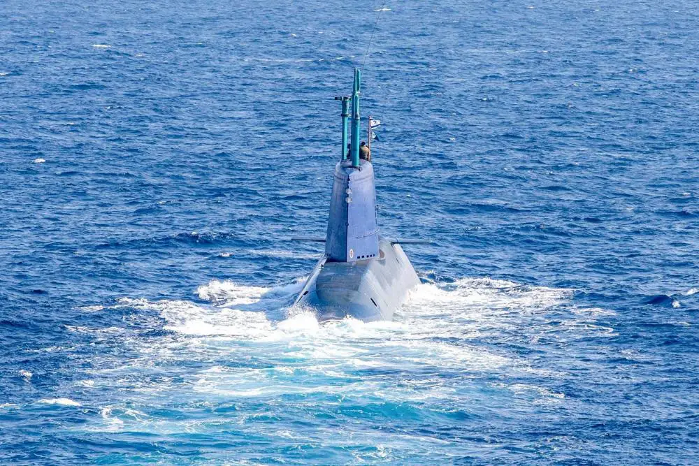 An Israeli Navy Dolphin-class submarine sails in the Mediterranean Sea during exercise Juniper Oak, Jan. 24, 2023. 