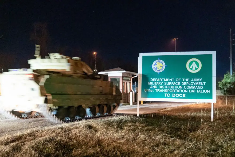 A Bradley Fighting Vehicle enters the gates of Transportation Core Dock to be shipped to Ukraine Jan. 25, 2023, in North Charleston, South Carolina. 