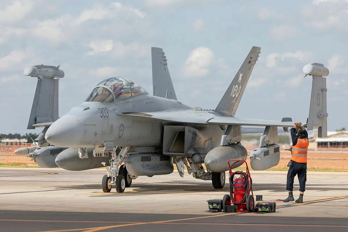 An EA-18G Growler aircraft from No. 6 Squadron is marshalled into position after completing a sortie at RAAF Base Darwin during Exercise Diamond Storm 2022.
