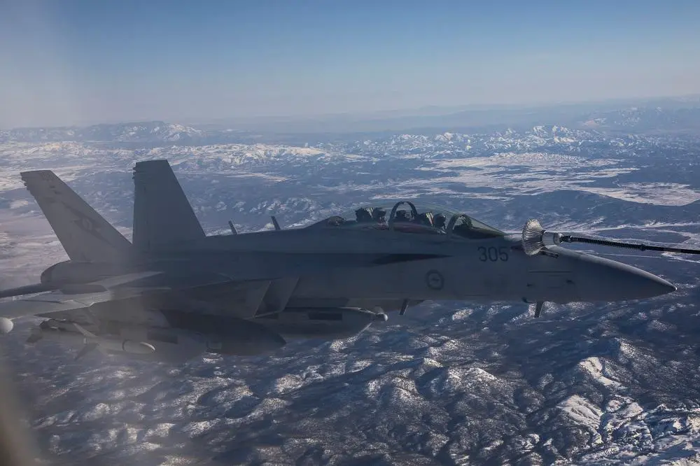 A Royal Australian Air Force EA-18G Growler refuels from a Royal Air Force Voyager Multi Role Tanker Transport aircraft over Nevada during Exercise Red Flag 23-1.