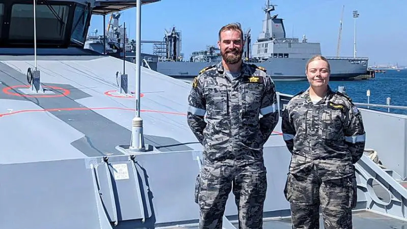 Commanding Officer ADV Cape Naturaliste Lieutenant Commander Jeremy Evain, left, and Able Seaman Alyssa Richardson before the ship departed Fleet Base West. 