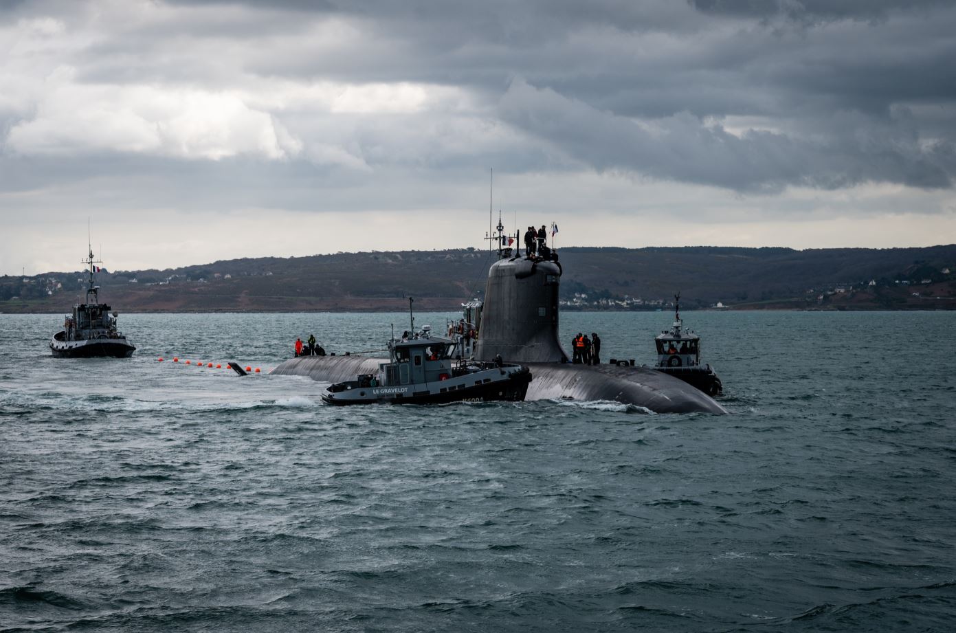 The Duguay-Trouin, second of the French Navy's six Barracuda-class nuclear-powered attack submarines, prepares to leave her berth in Charbourg to begin her sea trials.