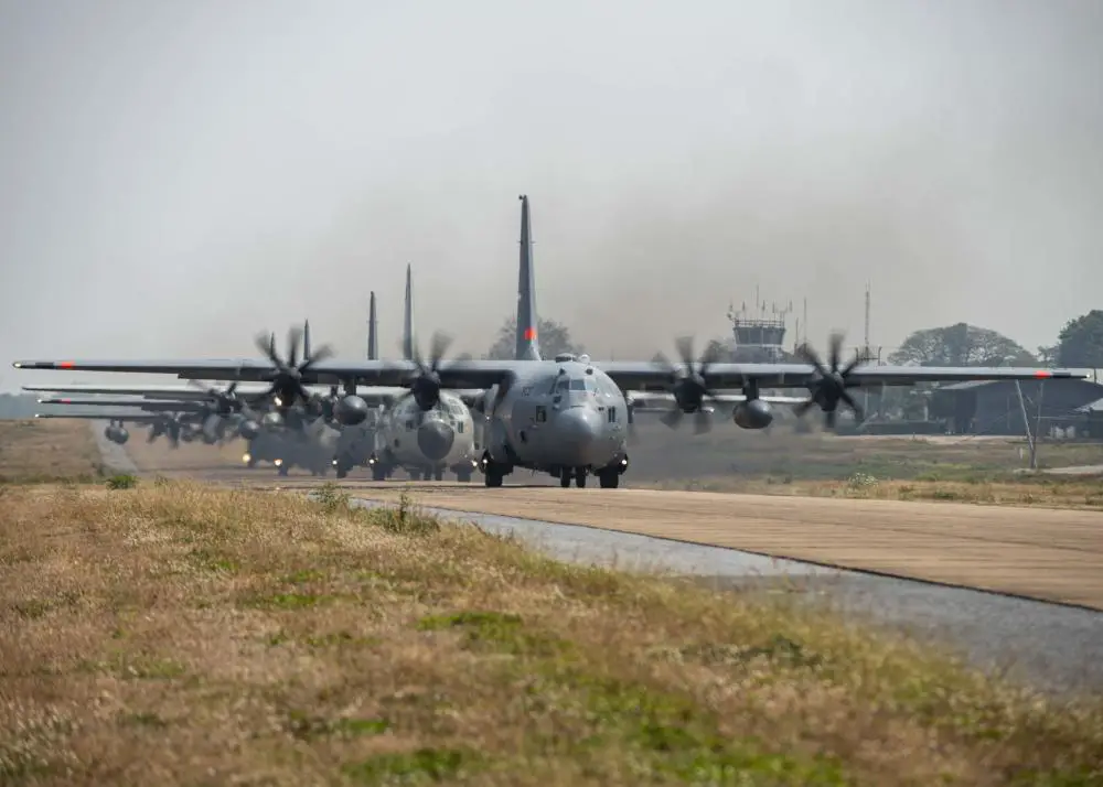C-130H Hercules assigned to 302nd Airlift Wing and Royal Thai Air Force, and MC-130J Commando II assigned to 353rd Special Operations Wing taxi together at Korat Royal Thai Air Force Base, Kingdom of Thailand, during Exercise Cobra Gold 23, March 9, 2023.