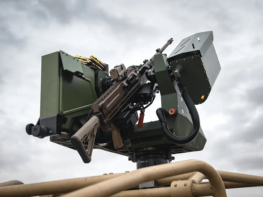 General Robotics PITBULL Remote Control Weapon Station equipped with SIG SAUER’s XM250 machine gun.