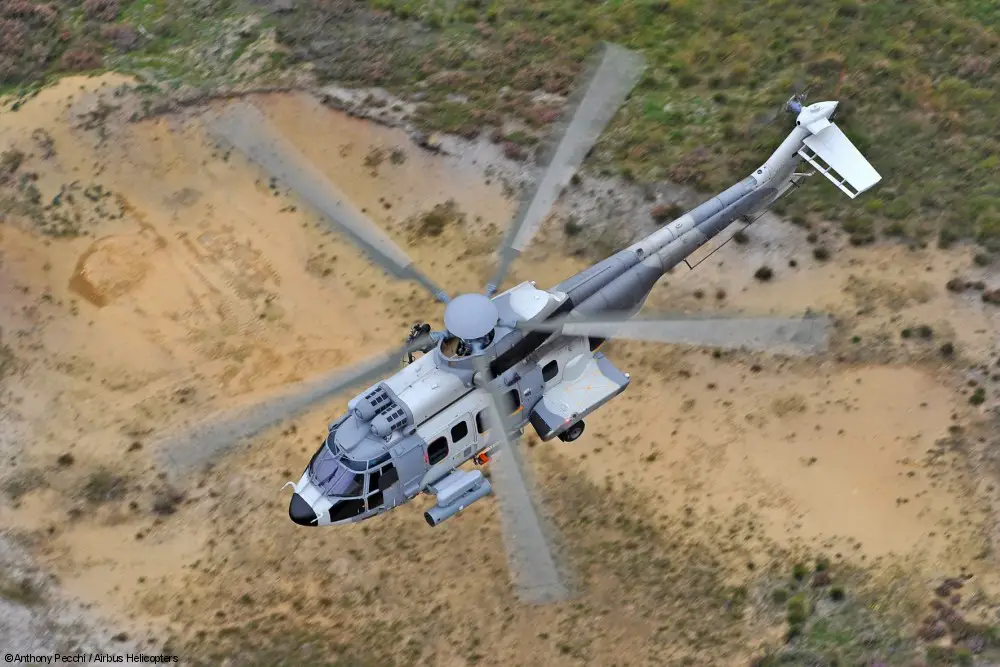 Airbus H225M transport helicopter fitted with H-Force special weapon system.