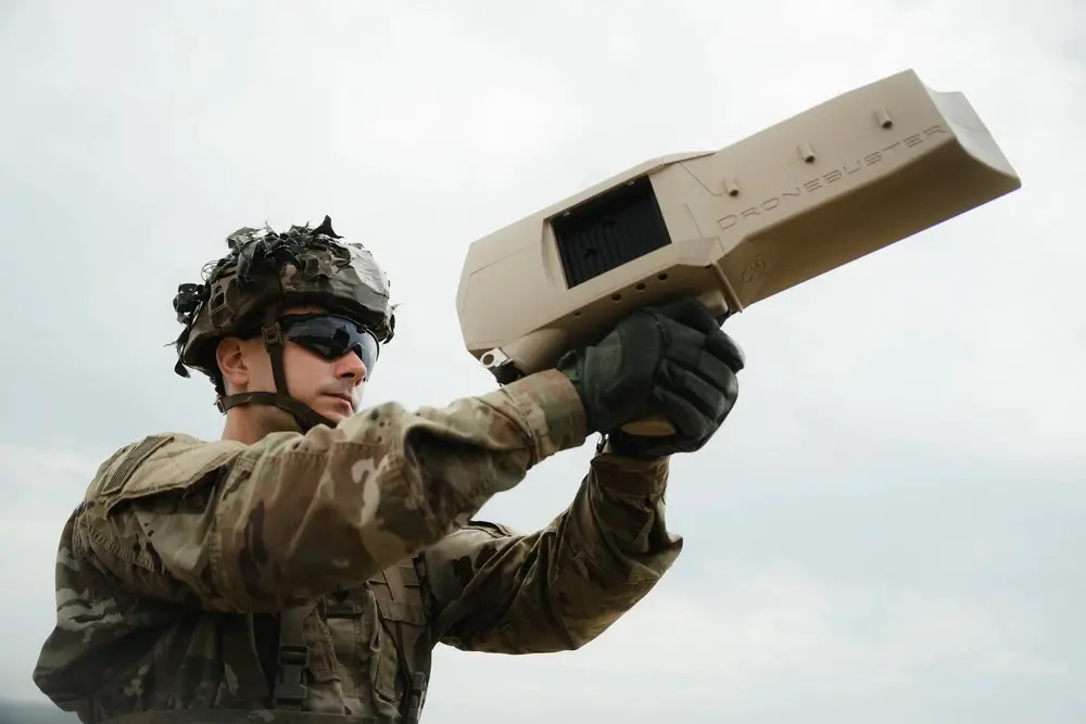 A U.S. Army paratrooper assigned to the 173rd Airborne Brigade uses a Dronebuster 3B to disrupt enemy drones as part of Exercise Shield 23, April 20, 2023 in Pula, Croatia.