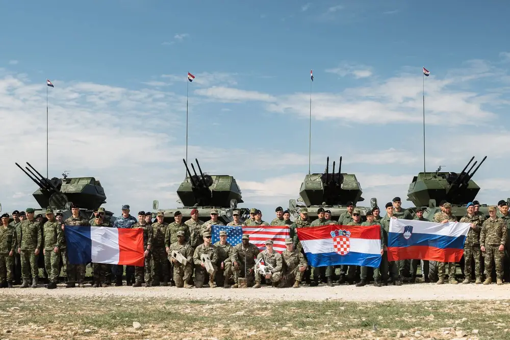 U.S. Army paratroopers assigned to the 173rd Airborne Brigade stand alongside soldiers with the Croatian Army, Polish Army, French Army, and Slovenian Army as part of Exercise Shield 23, April 21, 2023, in Pula, Croatia.
